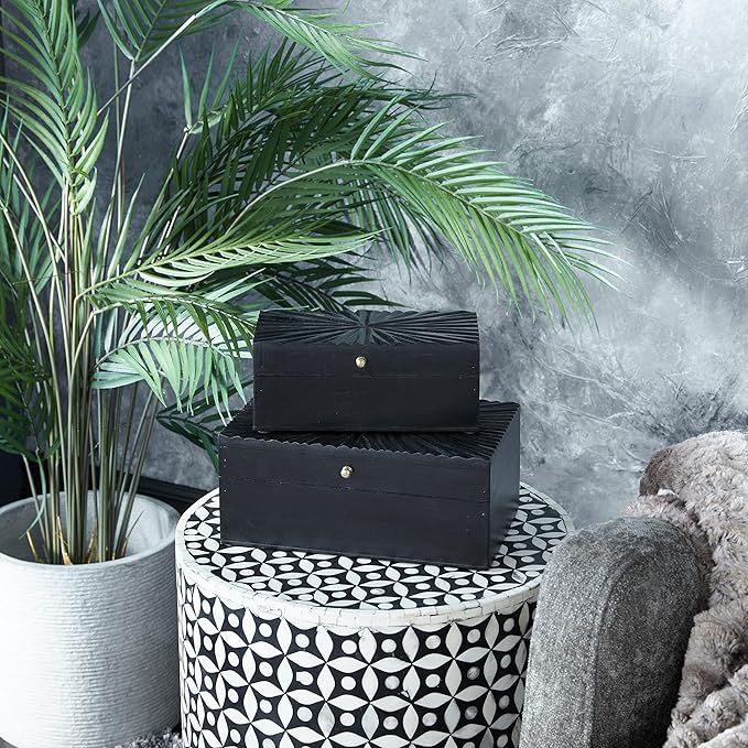 CosmoLiving by Cosmopolitan Wood Geometric Decorative Box Decorative Keepsake Boxes with Hinged Lid, Set of 2 Storage Boxes 10", 8"W, Black