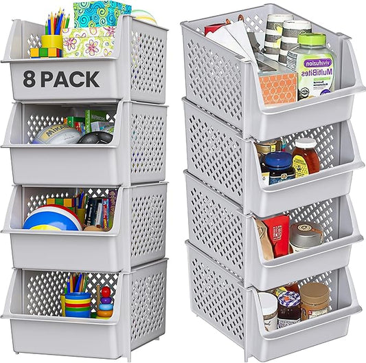 TidyFriend Stackable Storage Bins for Pantry - 8 Pack Stackable Bins for Organizing Food, Kitchen, and Bathroom Essentials (Light Grey)