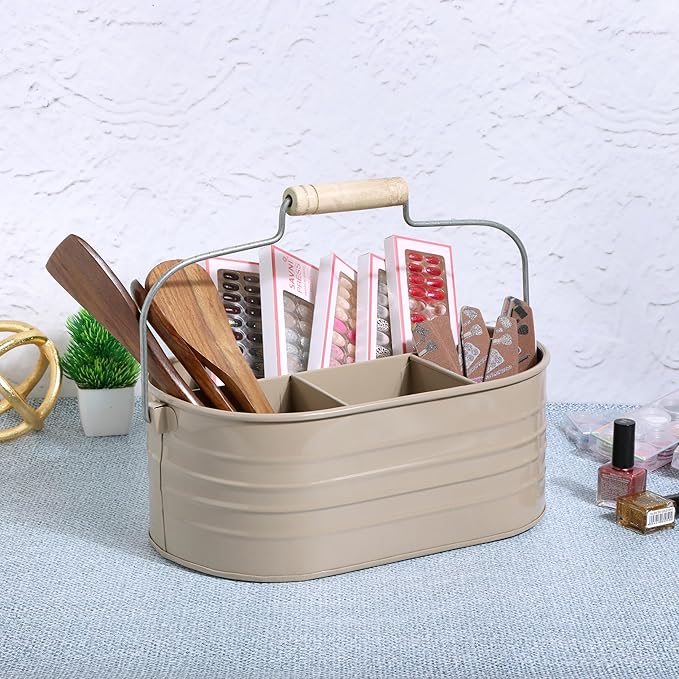 Alpha Living Home Multi-Functional Utensil Silverware Caddy – 4-Compartment Organizer for Kitchen, Party & Office – Durable Beige Powder-Coated Iron Alloy with Wooden Handle
