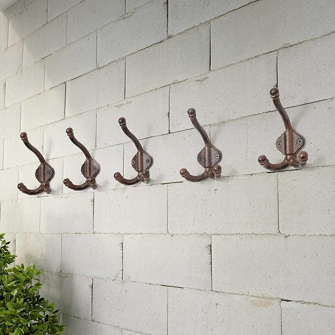 Dseap Cast Iron Wall Hooks L=5”, Heavy Duty Coat Hooks, Rustic Vintage Farmhouse Hook for Hanging Winter Coats Jackets Towels Hats Bags Plants, Antique Brown, Pack of 10 (GripBold)