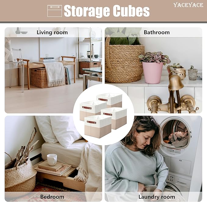 Storage Baskets with Handles, 4 Pack Foldable Storage Bins for Shelves, Linen Fabric Basket for Home Decorative,Organizing Cloth Toy Nursery