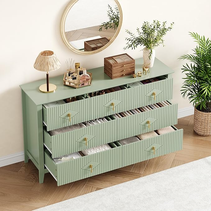 GarveeHome Fluted Dresser for Bedroom, 54 in Wide 7-Drawer Wood Dresser, Modern Chest of Drawers, Storage Organizer Cabinet for Living Room, Hallway, Entryway, Green