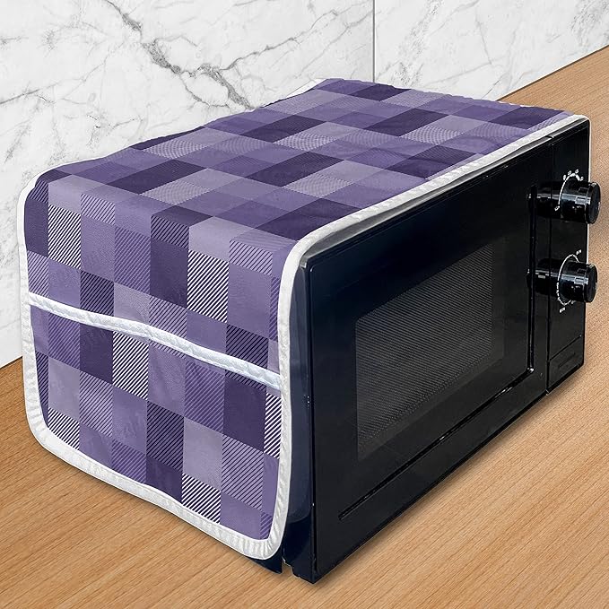 Ambesonne Abstract Microwave Oven Cover, Plaid Print Stripe Details a Monochrome Layout, Water Resistant Organizer with Pockets for Kitchen, 36" x 12", Purple Quartz
