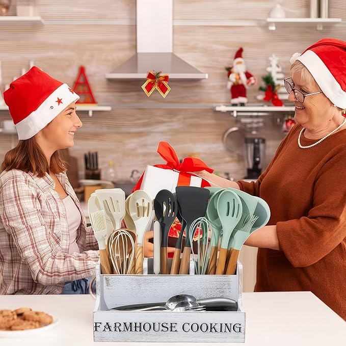 Kitchen Utensil Holder, Utensil Holder For Kitchen Counter,Extra Large Cooking Spatula Organizer,Farmhouse Wooden Big Storage Rustic Flatware Spoon Tool Organizer