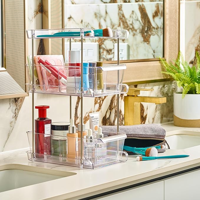 3-Pack Clear Bathroom Organizer Under Sink – 3-Tier Slide-Out Drawer Storage Shelf for Toiletries, Makeup, Hair Products | Compact Acrylic Under Sink Organizer for Bathroom Cabinet Organization