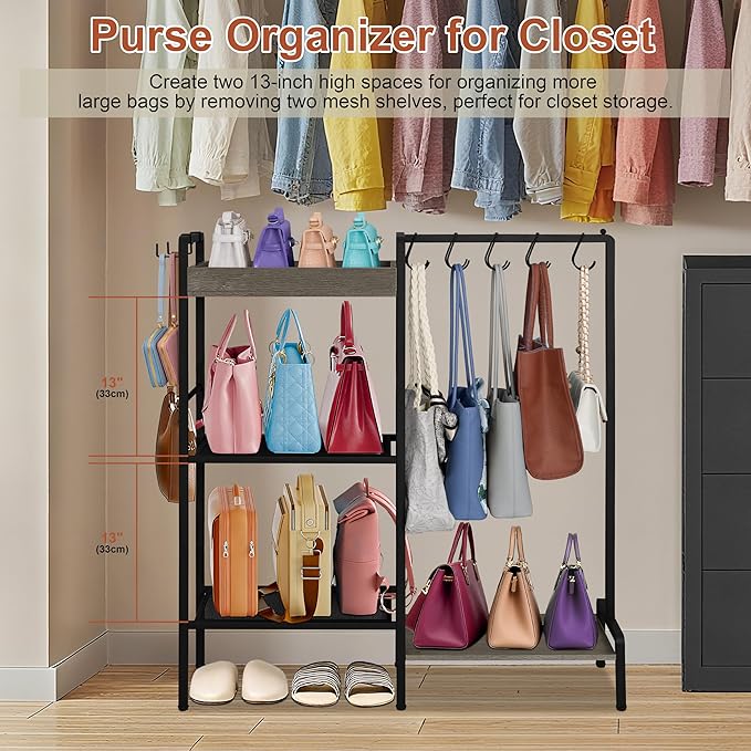 2-in-1 Narrow Shoe Rack with Bag Organizer, Garage Shoe Rack with Wooden Tray & 7 Hooks, Industrial Metal Shoe Shelf for Boot Storage, Front Door Entrance, Entryway, Closet, Black