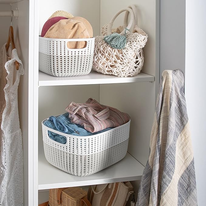 Simplify 4 Pack 2 Tone Sailor Knot Plastic Storage Tote | Decorative Basket | Closet Organization | De-clutter | Accessories | Toys | Bathroom Organization | Medium | Heather Grey