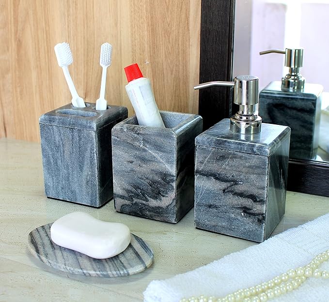 Bathroom Accessory Set Made from Natural Stone - Bath Accessories Set of 4 Includes Soap Dispenser, Toothbrush Holder, Tumbler and Soap Dish (Black)