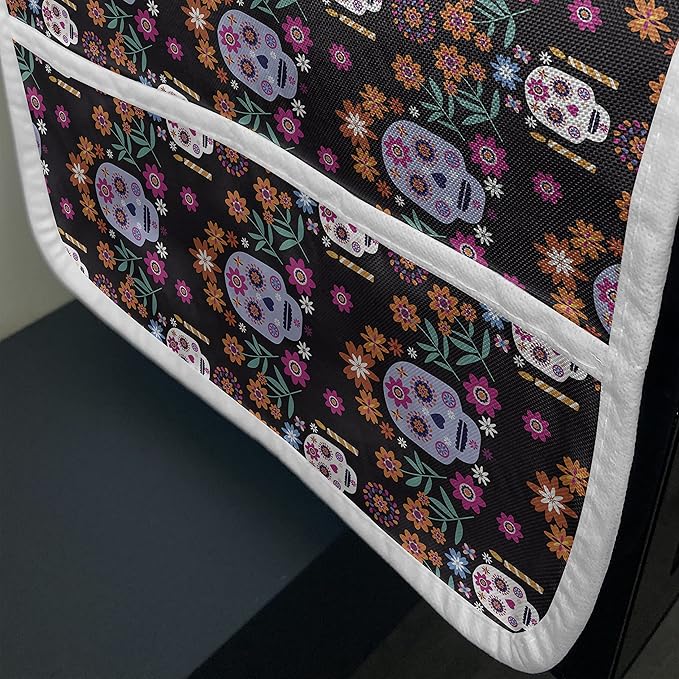 Ambesonne Dia De Los Muertos Microwave Oven Cover, Continuous Mexican Sugar Skull Pattern with Flowers on Dark, Water Resistant Organizer with Pockets for Kitchen, 36" x 12", Purple Black