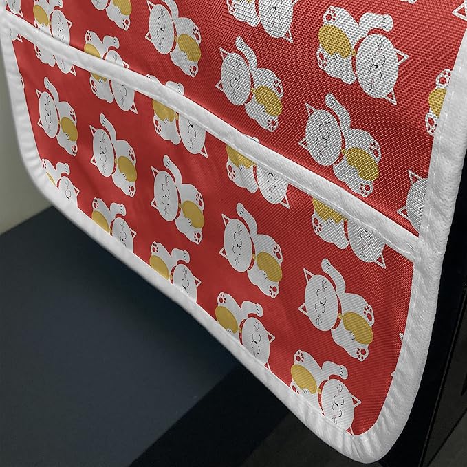 Ambesonne Japanese Cat Microwave Oven Cover, Lucky Maneki Neko Luck Fortune Prosperity Backdrop, Water Resistant Organizer with Pockets for Kitchen, 36" x 12", Vermilion White