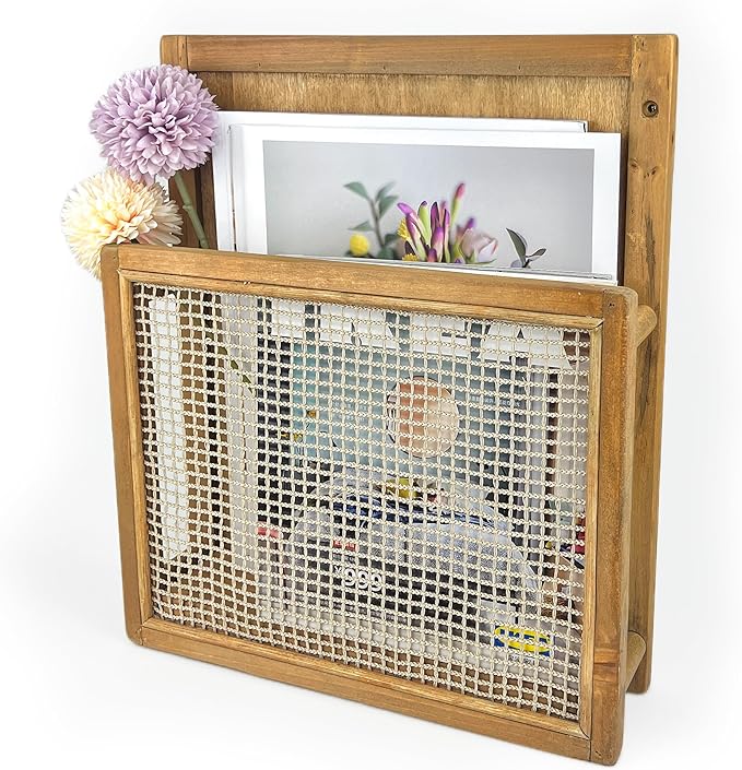 Wooden Wall Mounted Magazine Rack, Boho Style Wall File Organizer, File Holder For Entryway Living Room Kids’ room and Office, Magazine Holder, Hanging Mail Organizer (Brown)