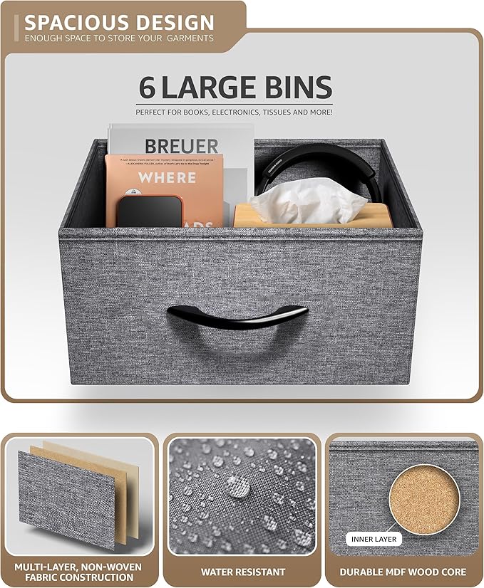Sorbus Fabric Dresser for Kids Bedroom - Chest of 6 Drawers, Tall Storage Tower, Clothing Organizer, for Closet, for Playroom, for Nursery, Steel Frame, Fabric Bins - Wood Handle (Greige)