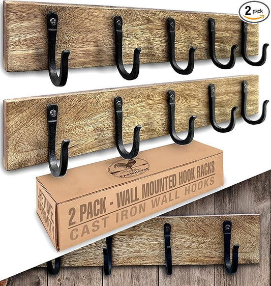 Cast Iron Spike Hooks (10 Hooks) Mounted on Two Natural Hardwood Boards (2 Pack) Decorative, Farmhouse Vintage Entry Hooks for Hanging Coats, Bags, Hats, etc (Black Hooks)