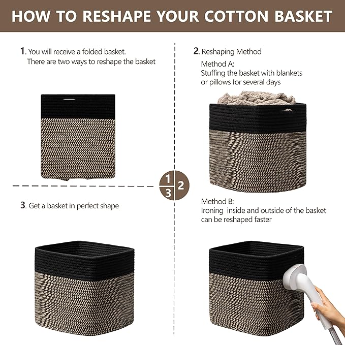 joybest 11inch Cube Storage Bins Set of 4, Cotton Rope Woven Organizer Basket for Shelves, Cube Bin Square Shelves Organizer Closet Storage, Nursery, Toy Organization, Black&Dark Brown