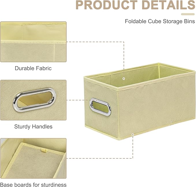 Narrow Storage Baskets for Shelves – Fabric Closet Organizers and Collapsible Storage Bins with Metal Handles – Space-Saving Baskets for Clothes, Towels, 5.9 x 11.8 x 5.9 inch (Beige)