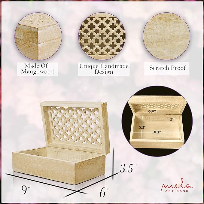 Mela Artisans Large Wooden Keepsake Box | Whitewash Memory & Decorative Storage Box for Jewelry, Photos & Trinkets with Hinged Lid | vintage Storage Box | Trellis Design | 9 x 6 x 3.5