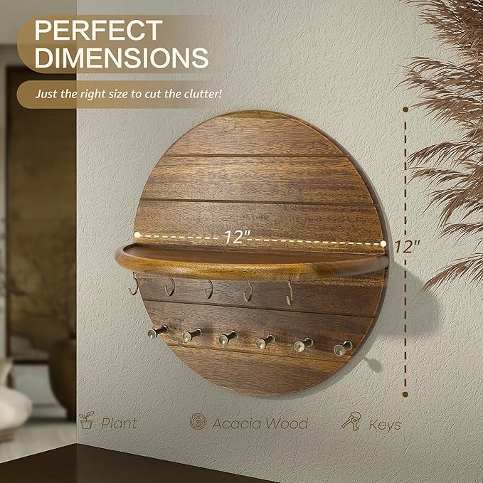 Rebee Vision Round Acacia Wood Key Holder Wall Mount for Home Decor - Decorative Key Holder for Wall with Entryway Shelf & 11 Hooks - Ideal for Living Room & Apartment Decor (Acacia Wood)