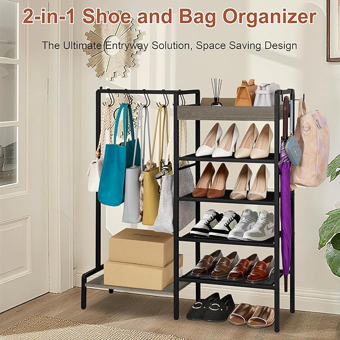 2-in-1 Narrow Shoe Rack with Bag Organizer, Garage Shoe Rack with Wooden Tray & 7 Hooks, Industrial Metal Shoe Shelf for Boot Storage, Front Door Entrance, Entryway, Closet, Black