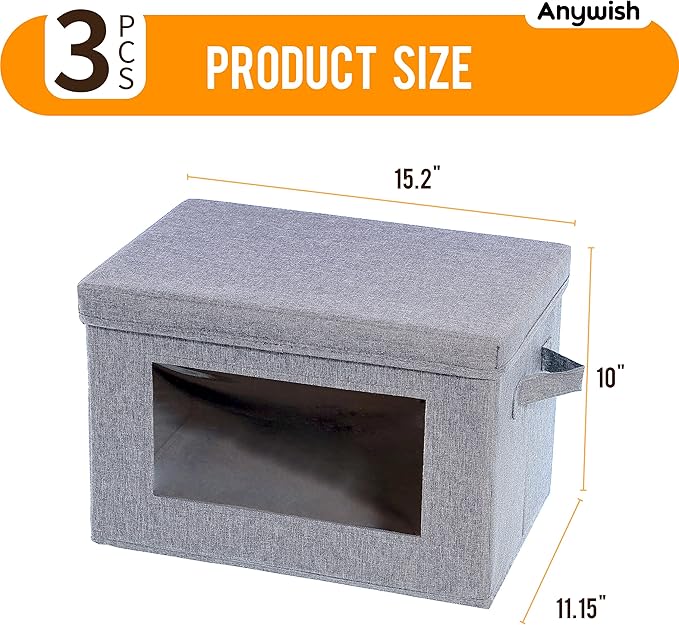 CityLife 3 Pack Foldable Storage Boxes with Lids (14.9x9.8x9.8 inches，Grey)
