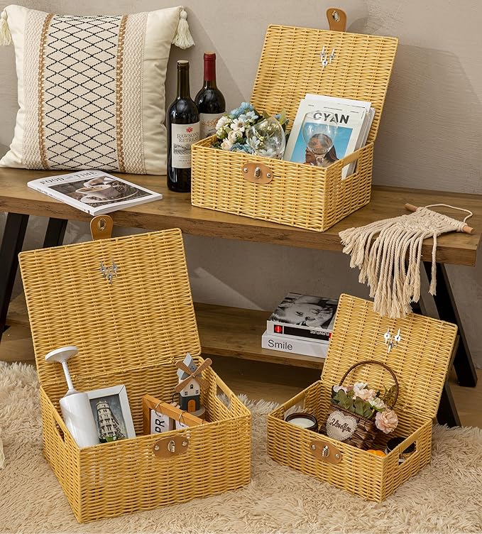 Wicker Storage Baskets with Lids, Set of 3 Decorative Storage Boxes For Organizing, Woven Baskets with Leather Lock and Handles (Beige)