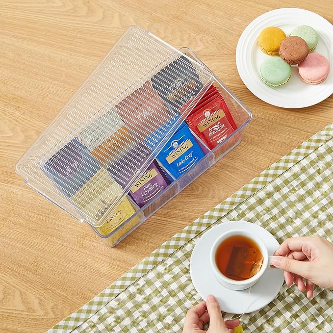 Lifewit Tea Bag Organizer with lids, Plastic Teabag Box with 16 Compartments, Stackable Divided Storage Containers for Cabinet, Pantry, Countertop, Hold Coffee Pods, Sugar Packets, Clear, 2 Pack