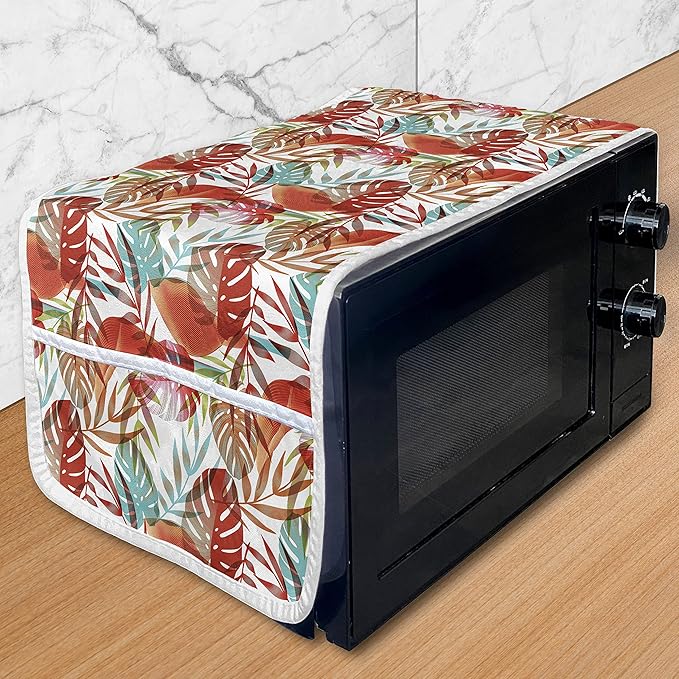 Ambesonne Botanical Microwave Oven Cover, Tropical and Colorful Jungle Monstera Leaves Along Paradise Flowers Pattern, Water Resistant Organizer with Pockets for Kitchen, 36" x 12", Red Teal