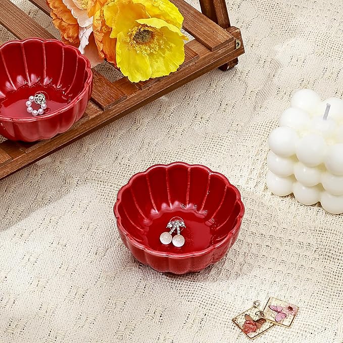 Koythin 2-Piece Small Trinket Dish, Ceramic Jewelry Ring Dish, Flower Key Holder Bowl for Women, Decorative Plate Tray for Dresser, Home Decor Organizer Trinket Tray (Round Petal Flower, Red)