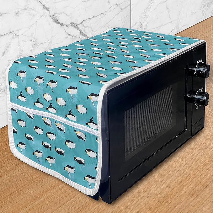 Ambesonne Turquoise Blue Microwave Oven Cover, Icebergs and Penguins, Water Resistant Organizer with Pockets for Kitchen, 36" x 12", Turquoise Grey