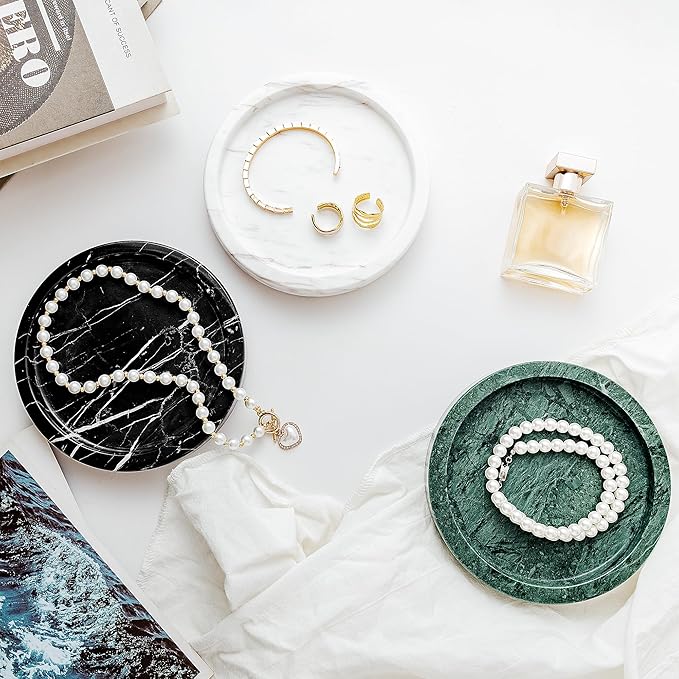 Natural Marble Tray for Rings and Jewelry Dish, 5.91 inch Round Decorative Tray for Kitchen, Vanity, Bathroom,Dressing Table, Bedside Table, Home Decor, White (NS027)