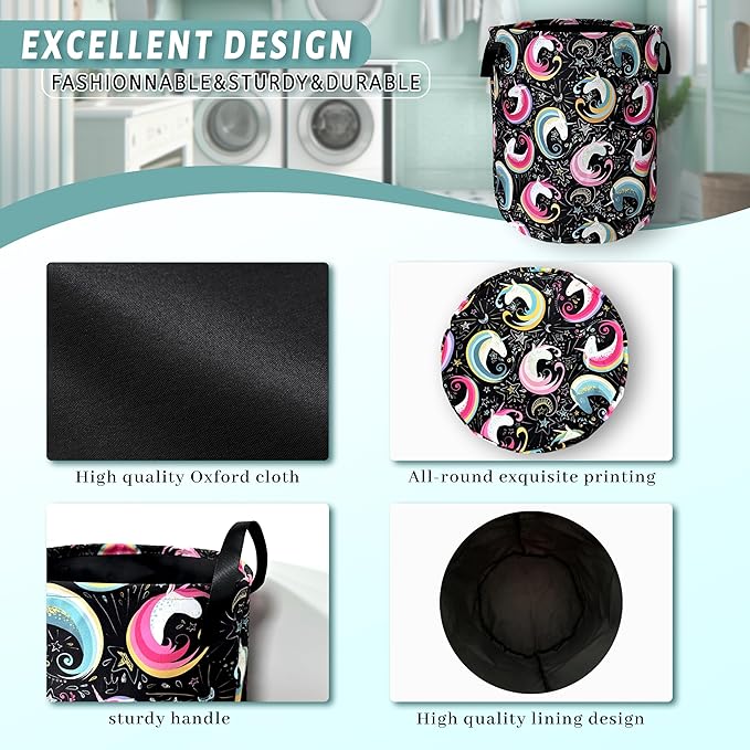 Colorful Unicorn Laundry Basket Foldable With Handles Tote Bag Oxford Cloth Funny Animal Laundry Hamper Clothes Storage Bucket Toy Organizer 18.9" x 16.5" For Bathroom/Laundry/Bedroom