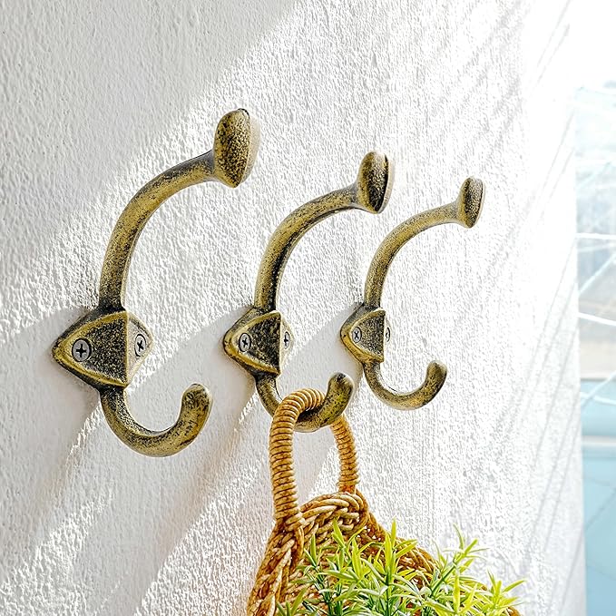 Dseap Cast Iron Wall Hooks L=5”, Heavy Duty Coat Hooks, Rustic Vintage Farmhouse Hook for Hanging Winter Coats Jackets Towels Hats Bags Plants, Antique Black& Gold, Pack of 10 (ShieldBold)