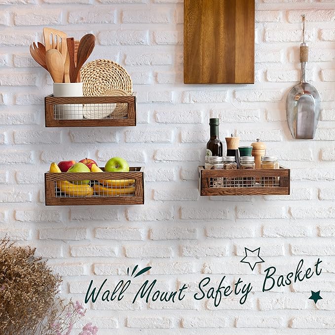 Set of 3 Extra Large Wooden Nesting Countertop Baskets, Rustic Wood Storage Organizer for Kitchen, Pantry or Bathroom – Fruit, Vegetables, Bread Crates with Handles (Largest 16")