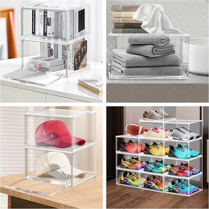 14 Pack Plastic Shoe Boxes Fit US Size 13, Clear Stackable Shoe Display Case with Magnetic Acrylic Door Shoe Containers for Sneaker Storage, Hats, Figure, Collectible