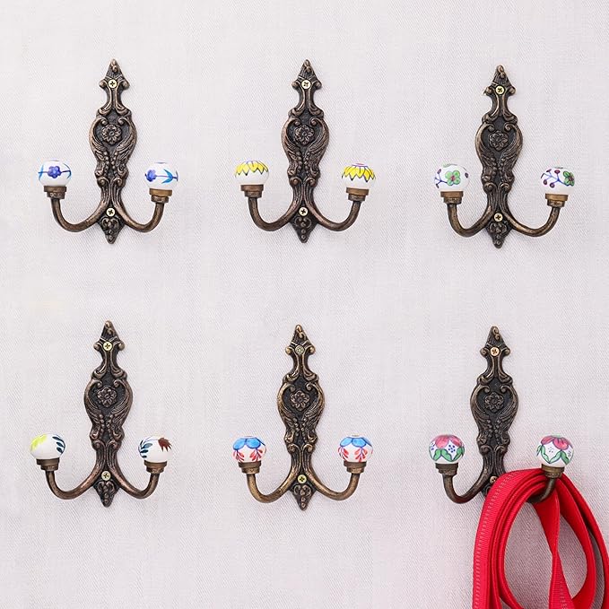 Indian Shelf Pack of 6 Heavy Duty Double Prong White Decorative Coat Hooks Unique Coat Rack Wall Mount Ceramic Wall Hooks for Hanging Towel Holder Backpack Purse Hanger- Style 11