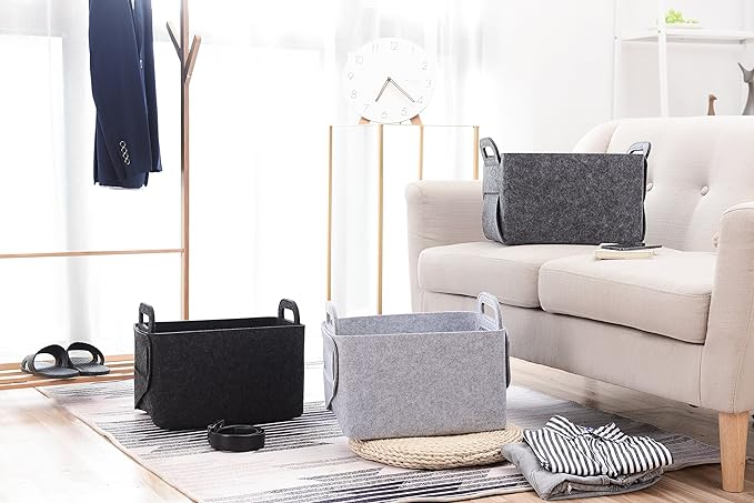 Minoisome Storage Basket Felt Storage Bin Collapsible& Convenient Box Organizer with Carry Handles for Office Bedroom Closet Babies Nursery Toys Laundry (Dark grey, 13.8inch（L）×9.5inch（W）×8.3inch（H）)