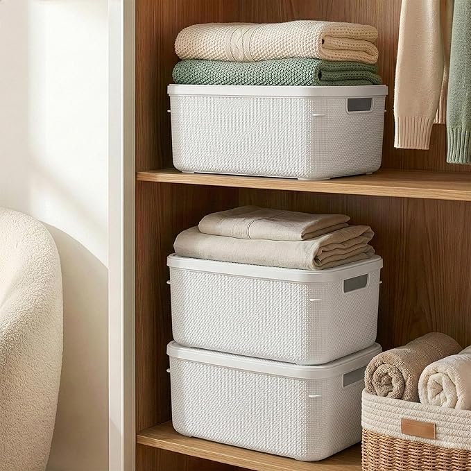 BINO | Plastic Storage Bins with Lids, 13 Liter - 3 Pack, White | THE TWILL COLLECTION | Plastic Bins for Organization | Woven Storage Baskets for Organizing | Pantry Shelf Organizer Basket Bin