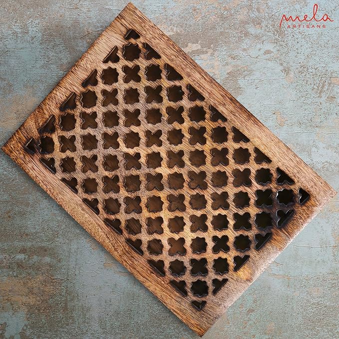 Mela Artisans Extra Large Wooden Keepsake Box | Medium Burnt & Handcrafted Decorative Storage Chest for Jewelry, Photos & Trinkets | Vintage Style Storage Box| Trellis Design | 10.5x7.5x4