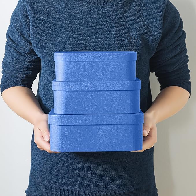 Soul & Lane Set of 3 Textured Royal Blue Boxes with Rounded Edges, Nesting Decorative Cardboard Boxes with Lids, Large Paperboard Storage for Organizing, Keepsakes, Gifts