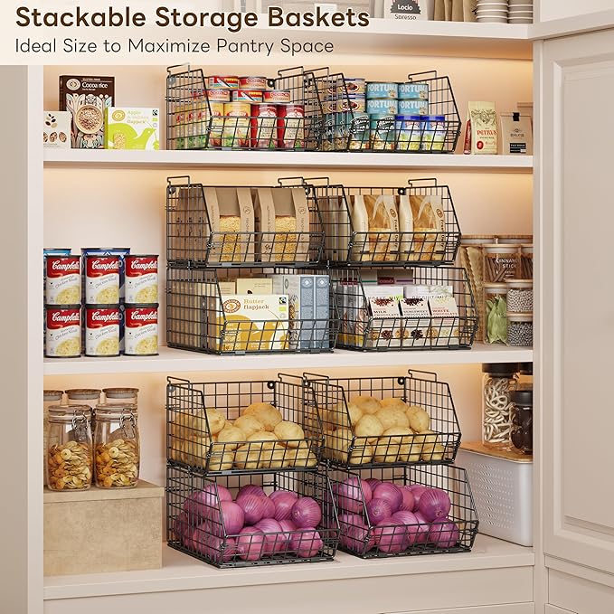 X-cosrack 3-Tier Stackable Wire Baskets for Counter, Fruit and Vegetable Storage, Potato and Onion Storage Bin，Kitchen Pantry Organizer - Wall Basket for Produce/Snack/Can, Black