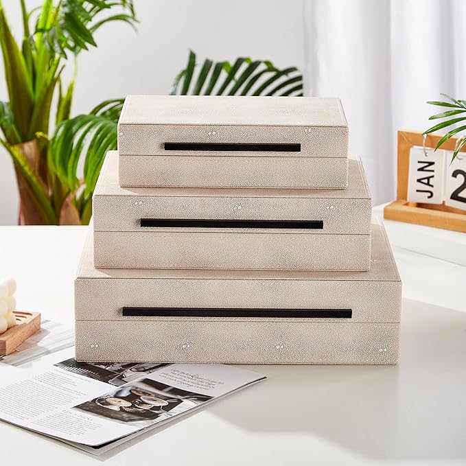 Denique Shagreen Decorative Boxes Set of 3, Leather Jewelry Storage Box Modern Storage Boxes with Lids, Ivory Stacking Boxes with Black Metal Handles Home Organizer Box