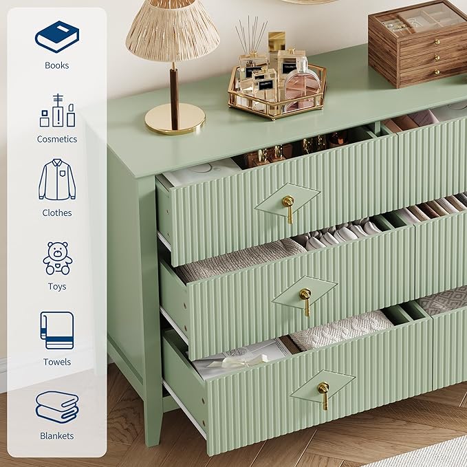 GarveeHome Fluted Dresser for Bedroom, 54 Inch Wide 6-Drawer Wood Dresser, Modern Chest of Drawers, Storage Organizer Cabinet for Living Room, Hallway, Entryway, Green