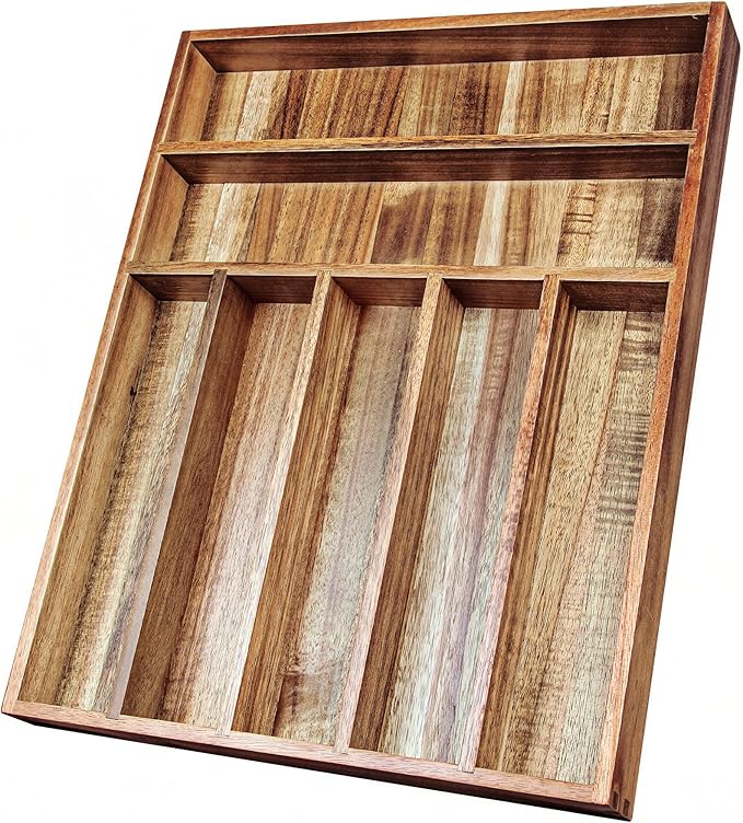 Acacia Wood Silverware Organizer, Kitchen Utensil Drawer Organizer for Forks & Spoons, 7-Compartment Cutlery Tray, Flatware Holder
