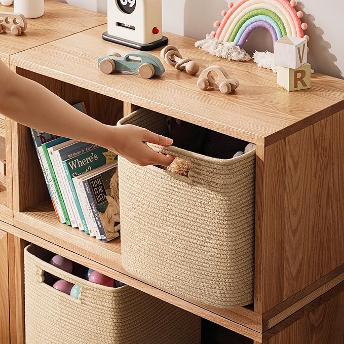 UBBCARE Set of 3 Cotton Rope Basket 11 X 10.5 X 10.5 Inches, Woven Storage Baskets for Shelves, Organizing with Handles, Cube Storage Bins for Storage Books, Magazines, Brown