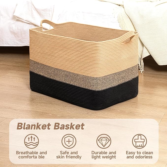 CLHMILY&Z Stylish Square Cotton Rope Storage Basket (Black & Camel, 85L)