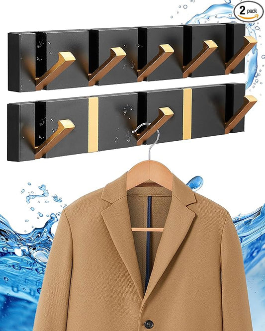 Waterproof Black Gold Wall Hooks - 2 Pack Modern Foldable Towel Hooks for Bathrooms, Coat Hooks Wall Mounted - Stylish, Durable, and Easy to Install