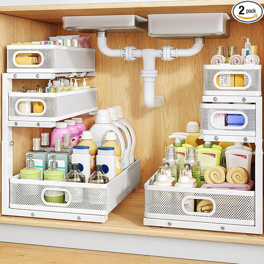 HERJOY Under Sink Organizer, 2-Pack 3-Tier Height Adjustable Thickened Metal Pull out Cabinet Organizer Shelf, Slide out Storage Drawer Rack for Bathroom Kitchen Pantry Home Laundry Organization White