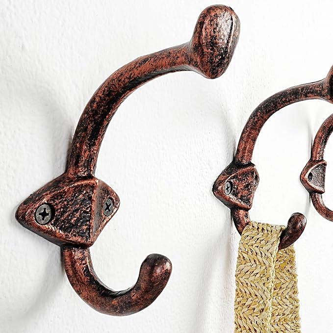 Dseap Cast Iron Wall Hooks L=5”, Heavy Duty Coat Hooks, Rustic Vintage Farmhouse Hook for Hanging Winter Coats Jackets Towels Hats Bags Plants, Antique Copper, Pack of 10 (ShieldBold)