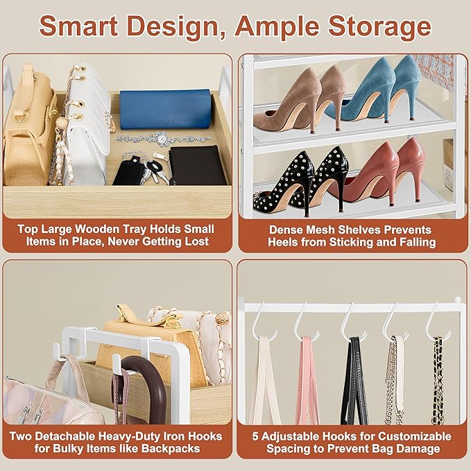 2-in-1 Shoe Rack for Closet with Purse Organizer, 5 Tier Shoes Shelf with Wooden Tray and Removable Shelves, Storage Organizer for Entryway, Garage, Hold Boots, Backpacks, White
