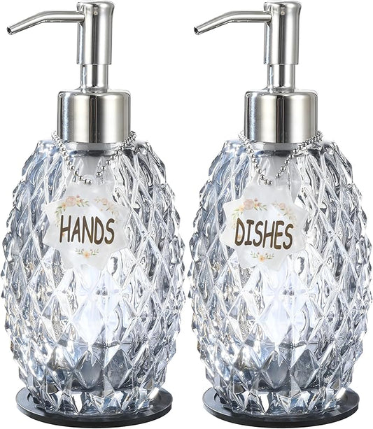 MALACHI Soap Dispenser Set, Crystal-Textured Diamond Glass with Rustproof Stainless Steel Pump, Dual-Labelled Hand & Dish Soap Dispenser for Kitchen & Bathroom