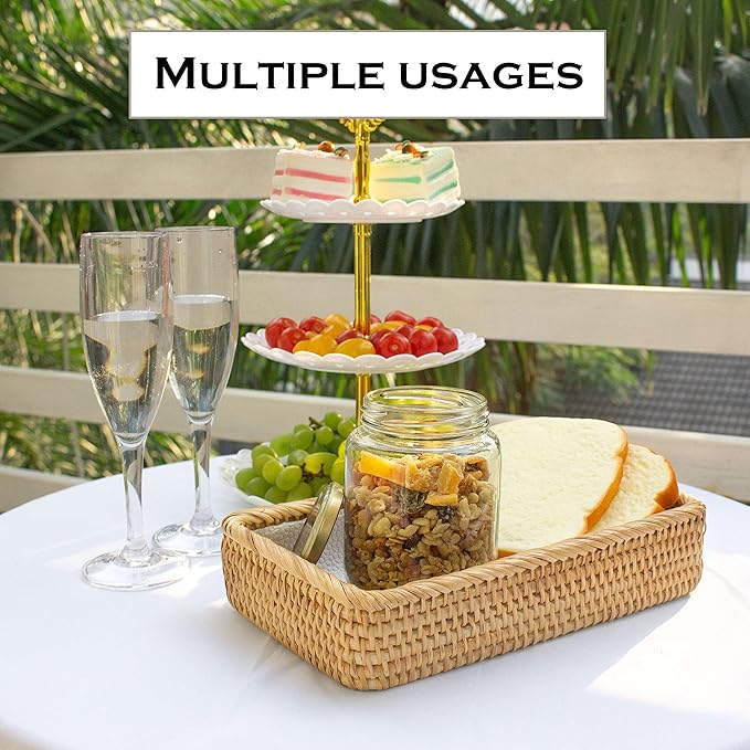Rattan Toilet Tank Basket Woven Guest Towel Holder for Serving Organizing Bread Shelves 10 x 6 x 2 inches Bathroom Counter Organizers and Storage Decorative Wicker Tray (Honey Brown)